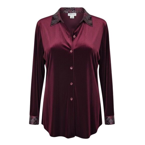 Vintage Susan Graver Shirt Set 1X Dark Red Velvet Blouse & Tank Top NWT - Picture 1 of 16